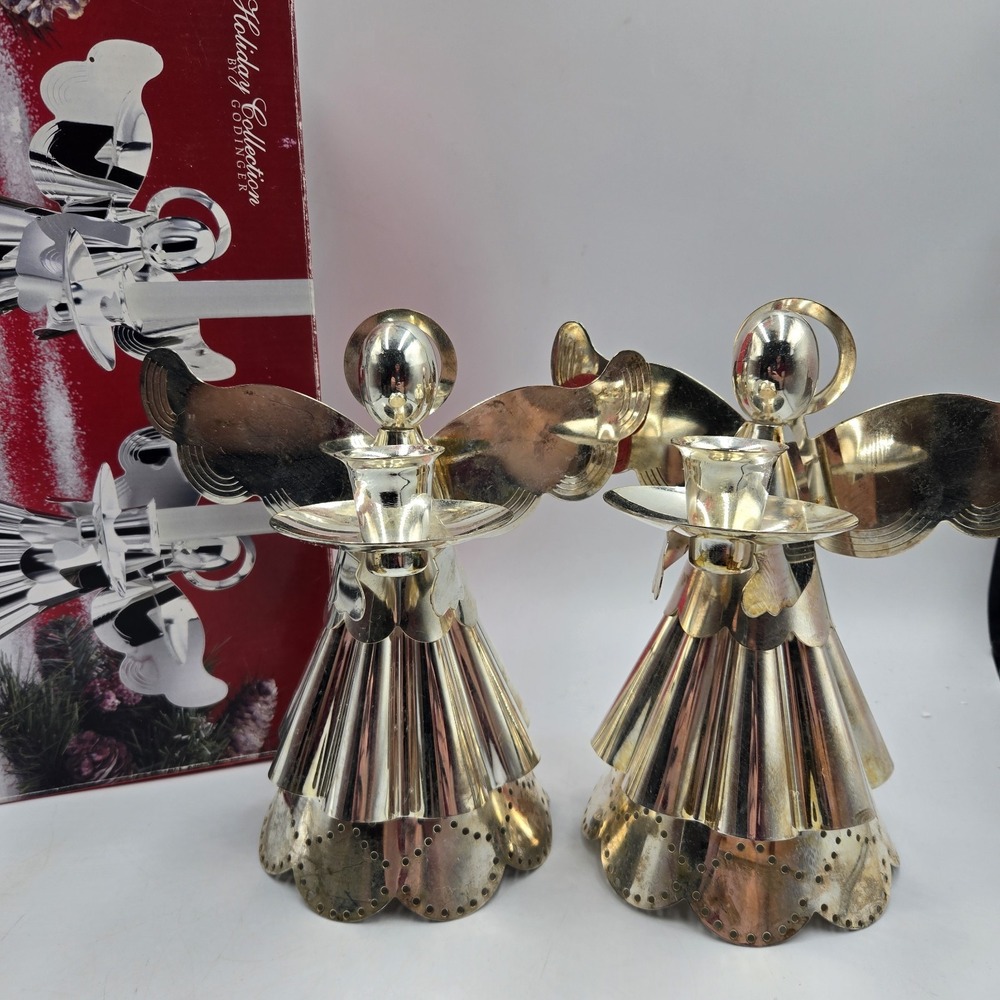 VTG Godinger Holiday Collection Silverplated Angel Candle Holders 2pc W Box